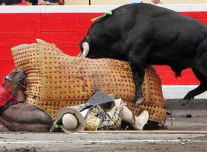 Un toro arremete contra un picador en la corrida de ayer.