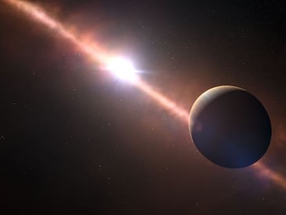 Ilustraci&oacute;n del joven planeta gigante en &oacute;rbita de la estrella Beta Pictoris.
 