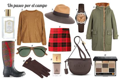 1. Annick Goutal Colonia “Eau d'Hadrien”. 2. Topshop Jersey de punto de ochos. 3. Roberto Cavalli Sombrero de fieltro bicolor. 4. Emporio Armani Reloj con correa de piel. 5. Bimba & Lola Parka con capucha e interior de pelo. 6. Alice + Olivia Mini con print de cuadros. 7. Hunter Bota de caucho con caña con print de cuadros. 8. Gucci Gafas de sol con montura de pasta. 9. Loewe Bandolera de piel. 10. Topshop Guante de piel. 11. Yves Saint Laurent Laca de uñas “Fall Look 2013 - La Laque Couture”. 12. Bobbi Brown Paleta de sombras de ojos “Old Hollywood”.