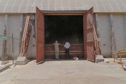 Dos trabajadores observan cómo se va llenando un almacén con grano de maíz, el 23 de mayo en Navolato (Sinaloa).