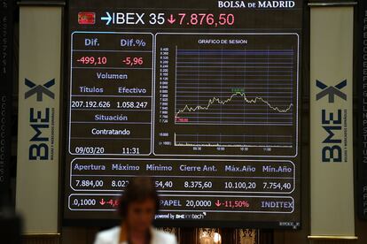 Una pantalla muestra el índice bursátil IBEX 35, en Madrid, el pasado 9 de marzo.