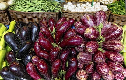 Albergínies de diferents varietats en una parada del Mercat de l'Olivar, a Mallorca.