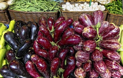 Albergínies de diferents varietats en una parada del Mercat de l'Olivar, a Mallorca. 