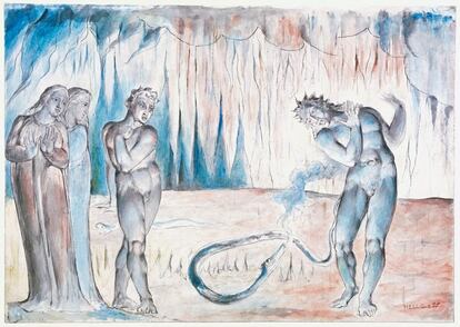 De William Blake se ha dicho que fue un icono contraculutral, un visionario o un profeta. Incomprendido durante el Romanticismo, su trabajo tuvo que soportar el examen del tiempo para ser realmente apreciado. En la imagen, 'La serpiente ataca a Buoso Donati'.