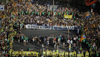 La capçalera de la manifestació d'avui a Barcelona. 