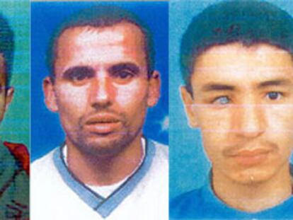 Fotos de tres de los residentes o huidos en España supuestamente relacionados con la cadena de atentados de Casablanca. De izquierda a derecha, Brahim Hamdi, Abdeslam Dachraoui y Rachid Aharez.