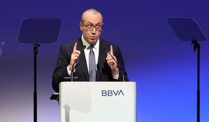 El consejero delegado del BBVA, Onur Genç, durante la presentación de resultados del banco.