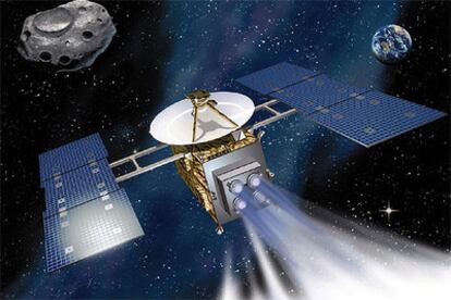 Recreación hecha por la Agencia Espacial de Japón de la <i>Hayabusa</i> en su camino hacia el asteroide Itokawa.