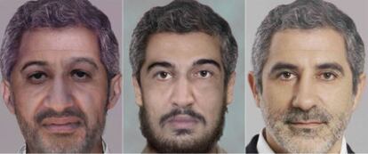 Bin Laden y Abd al-Rahman envejecidos. A la derecha, la foto de Llamazares de la que el FBI ha copiado el pelo.
