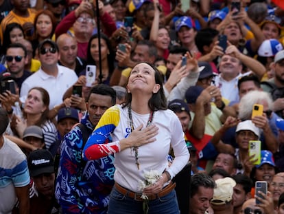 La líder opositora, María Corina Machado, durante la protesta del pasado jueves en Caracas ante la nueva toma de posesión de Nicolás Maduro al frente de Venezuela.