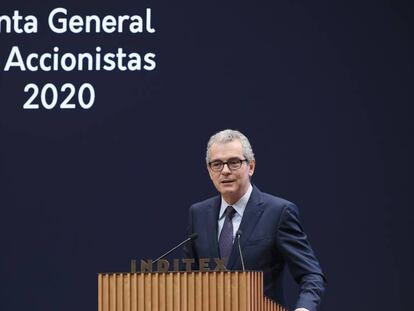 El presidente de Inditex, Pablo Isla, durante la junta general de accionistas 2020 de la compañía, este martes.