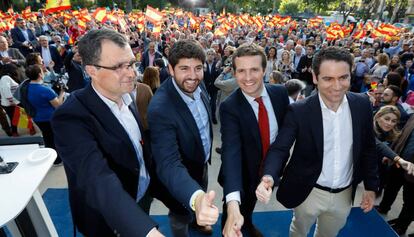 Pablo Casado, Teodoro García Egea, Fernando López Miras y José Ballesta en Murcia.