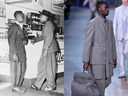 A la izquierda, dos jóvenes con el característico estilo zoot suit y, a la derecha, el «homenaje» que desde Vuitton se hizo a este estilo en 2019.