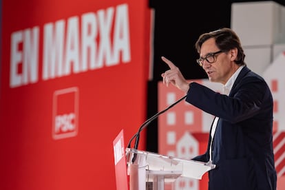 El líder del Partido Socialista de Cataluña, (PSC), este domingo, en un acto en L'Hospitalet.