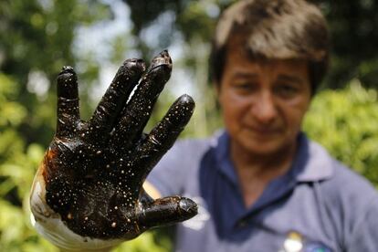 Activist Donald Moncayo shows the pollution from a lake in 2011.