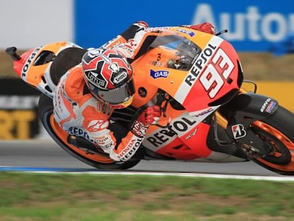 MotoGP rider Marc M&aacute;rquez of Spain on his motorcycle competes in the third free practice session at the Czech Republic Grand Prix.