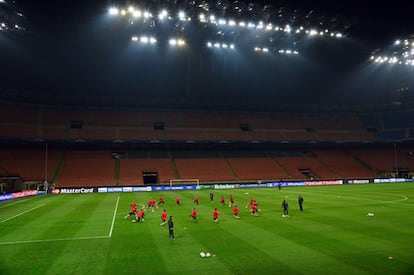 El Atlético Madrid durante el entrenamiento.