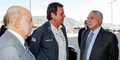 El gobernador del Estado de Río, el alcalde de la ciudad y el presidente interino Michel Temer.