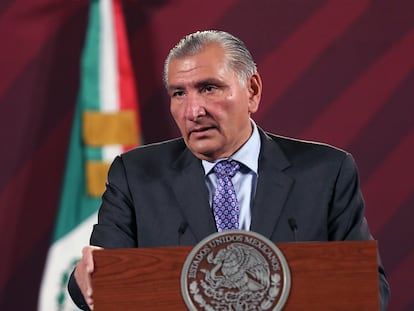 El secretario de Gobernación, Adán Augusto López, durante la conferencia matutina de Presidencia de este lunes.