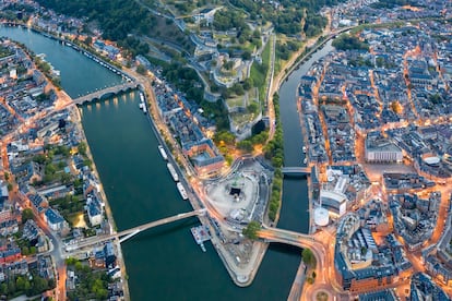 Belgium, Namur Province, Namur, Aerial view of confluence of Sambre and Meuse rivers in middle of city