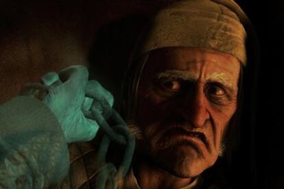 Jim Carrey, como Mr. Scrooge, en <i>Cuento de Navidad</i>, película de 3-D para Disney.