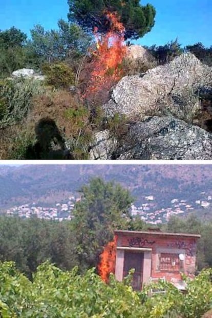 Imágenes de dos de los ocho incendios que dos menores, de 16 años, prendieron presuntamente en Roses tomadas por ellos mismos con el único objetivo de divertirse y entretenerse.