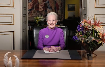Queen Margrethe II smiles as she delivers her New Year's speech and announces her abdication, in Copenhagen, Denmark, on December 31, 2023.