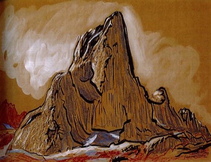 'El Naranjo de Bulnes', 1972. Gouache, rotulador y lpiz de color. 71 x 54 cm. Este pico fue uno de los ms retratados por Herreros en sus trabajos en la monta?a, dibujado desde todas las caras y cerros vecinos posibles. El museo de Enrique Herreros en los Picos de Europa, acoge ms de una docena de retratos del 'picu'.