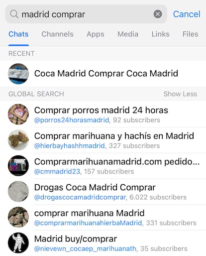 Captura de pantalla de los primeros canales que aparecen en Telegram cuando se busca "madrid comprar", sin especificar qué. Dos gramos de cocaína "boliviana" sale por 200 euros, 5 gramos, 350 euros.