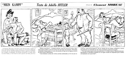 Clément Moreau renunció a elaborar un texto propio, asumiendo el riesgo de contar con el mismísimo Adolf Hitler como guionista. Se limitó, pues, a seleccionar y dibujar fragmentos del libro de Hitler. Las frases escogidas las colocaba al pie de sus dibujos, y tal fue su afán por mostrar a sus lectores que eran auténticas y no producto de su militancia antifascista, que en cada viñeta se indicaba incluso la página de Mein Kampf de donde procedía la cita. Siguiendo el relato autobiográfico del propio Hitler, Moreau comienza por mostrarnos al niño Adolf sometido a los rigores de la autoridad paterna.