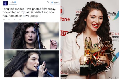 Esto es curioso: dos fotos de hoy, una está editada para que mi piel parezca perfecta y la otra es real. Recordad, las imperfecciones están bien". Lorde dejó clara su estrategia antiPhotoshop cuando denunció públicamente en su Twitter que le retocaban las fotos.