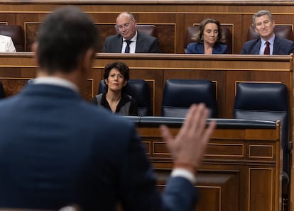 El presidente del Gobierno, Pedro Sánchez, de espaldas en el Congreso, ante Alberto Núñez Feijóo y otros diputados del PP, el 26 de marzo.