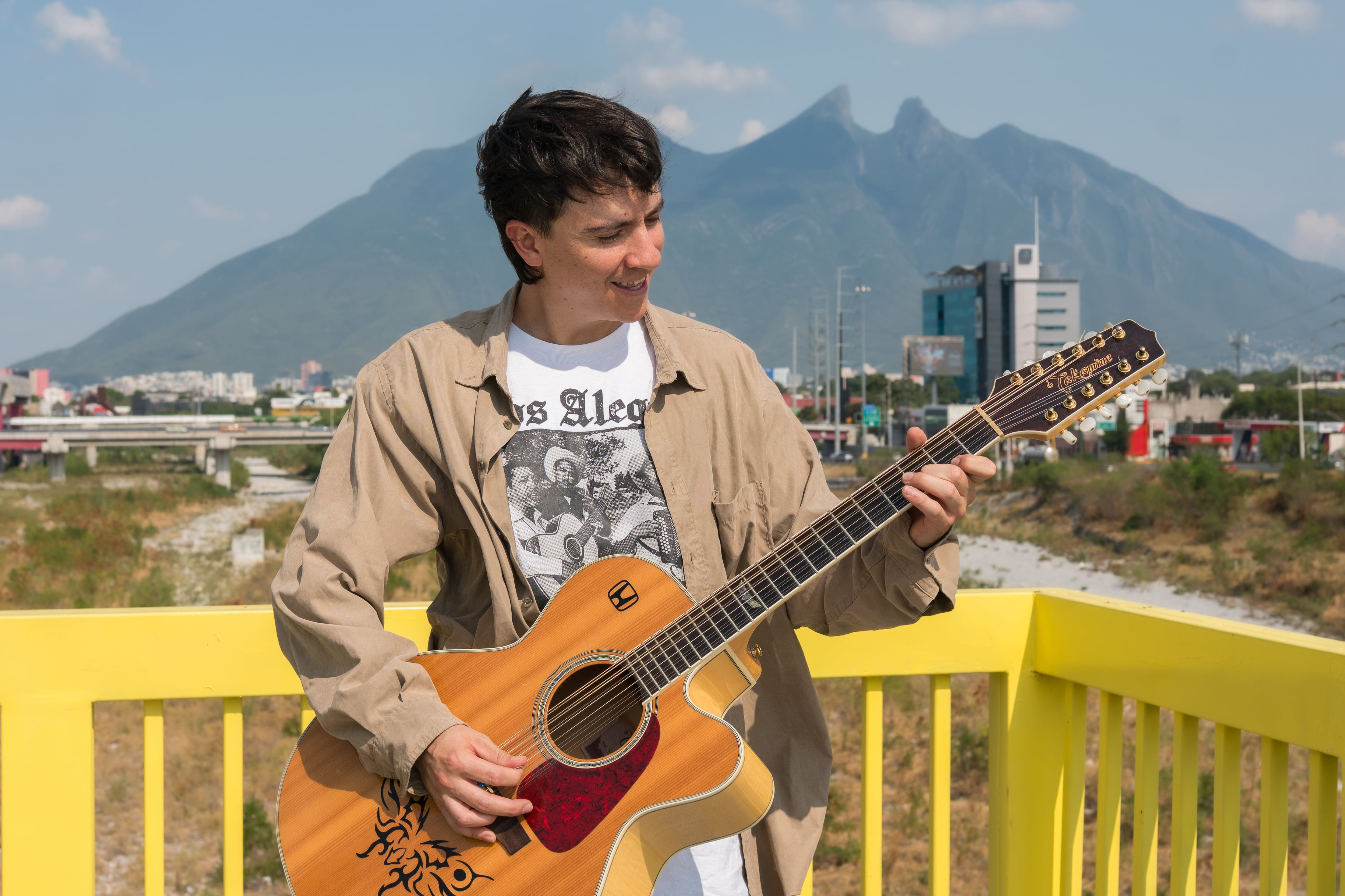 Gallo Armado con el Cerro de la silla de fondo, en Monterrey, Nuevo León.