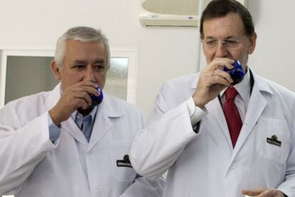 Javier Arenas y Mariano Rajoy huelen aceite durante una visita a una empresa de Estepa (Sevilla).