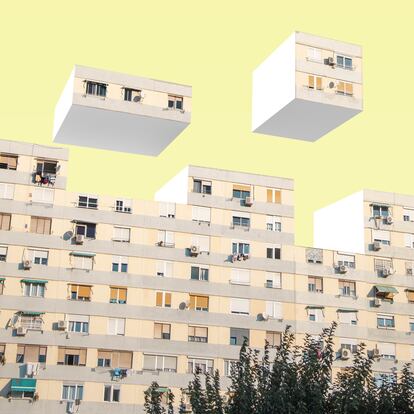 Creative picture of urban blocks stacking like video game in surreal image manipulation.