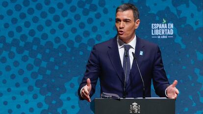 El presidente del Gobierno, Pedro Sánchez, durante su intervención el primer acto por el 50º aniversario de la muerte de Franco.