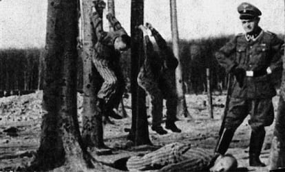 Fotografía de Buchenwald publicada en un periódico de propaganda nazi, 'The Camp'. 