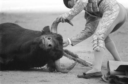 Un subalterno descaballa un toro en la Feria de Fallas de Valencia de 1989.