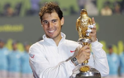 Rafael Nadal with the Qatar Open winner&#039;s trophy. 