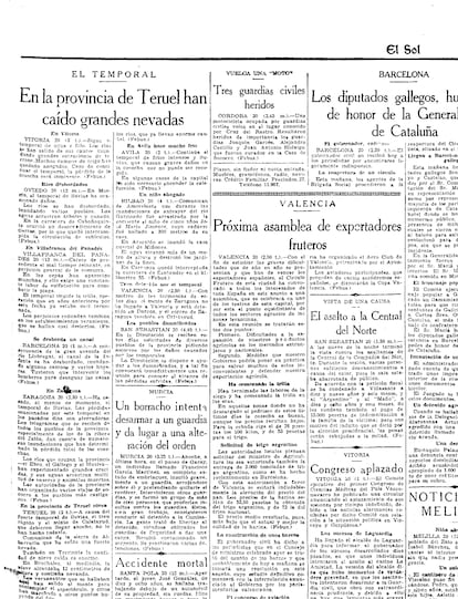 Diario “El Sol” del 21 de julio de 1932, con el titular de las nevadas en la provincia de Teruel encabezando la página que informa de los temporales en España.