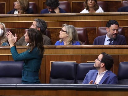La ministra de Igualdad, Irene Montero, y el ministro de Consumo, Alberto Garzón, en el pleno de este jueves en el Congreso de los Diputados.