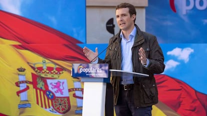 El presidente del PP Pablo Casado, durante un acto de partido en Cartagena.