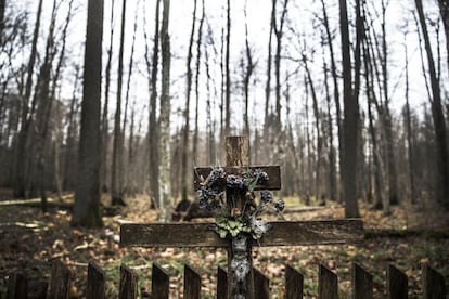 Cruz de madera en el bosque de Białowieża en los alrededores del pueblo de Pogorzelce. Muy cerca se encuentra la franja de seguridad en la frontera con Bielorrusia a la que tienen prohibido el acceso los civiles que no residan allí.