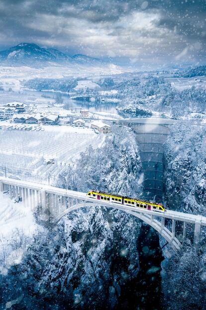 La Vaccanonesa es un pequeño tren que conecta la ciudad de Trento con los pueblos de Val di Non y Val di Sole, en la región de Trentino (Italia). Durante su recorrido cruza un puente sobre un desfiladero de más de 150 metros de altura en un un paisaje de lo más escenográfico. Esta es también una de las imágenes premiadas entre los miles de fotografías enviadas al concurso, firmadas por autores de 102 países distintos.