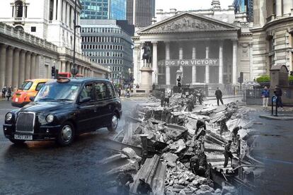 Aspecto de la Royal Exchange y de la estación de metro Bank después de un bombardeo del 'Blitz' y en la actualidad.