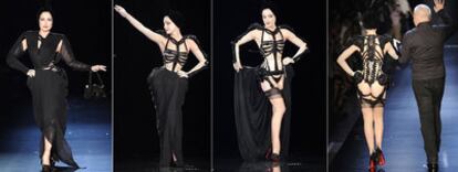 Tres momentos del <i>strip-tease </i>que Dita von Teese hizo en el desfile de Yves Saint Laurent. Al final, saliendo de la pasarela de la mano de Jean Paul Gaultier.