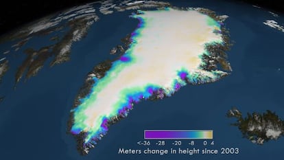 La mayor reducci&oacute;n de la altura de los glaciares (en morado) se ha producido en el sureste de la isla. NASA&#039;s Goddard Space Flight Center