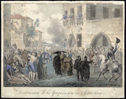 El asalto al palacio de la Inquisición, según un grabado del francés Hippolyte Lecomte, del mismo 1820.