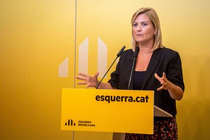 Raquel Sans, portavoz de ERC; en una rueda prensa en el partido.