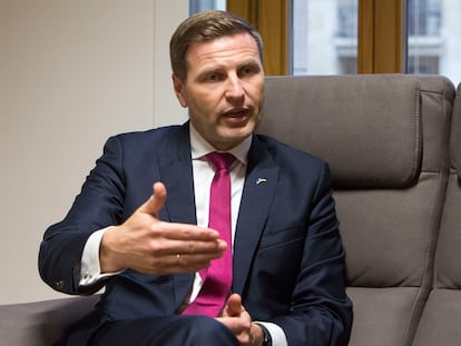 Estonian Defense Minister Hanno Pevkur during an interview at the European Council headquarters in Brussels on November 15.